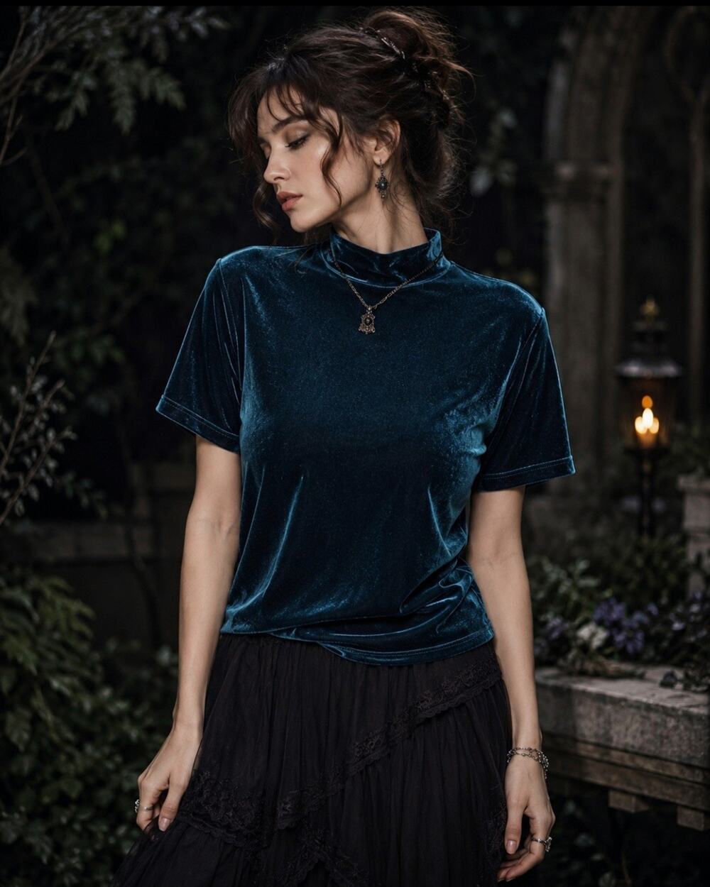 Vtg White Stag L Deep Teal Velvet Mock Neck Top Y2K Whimsigoth Academia Fairy‎